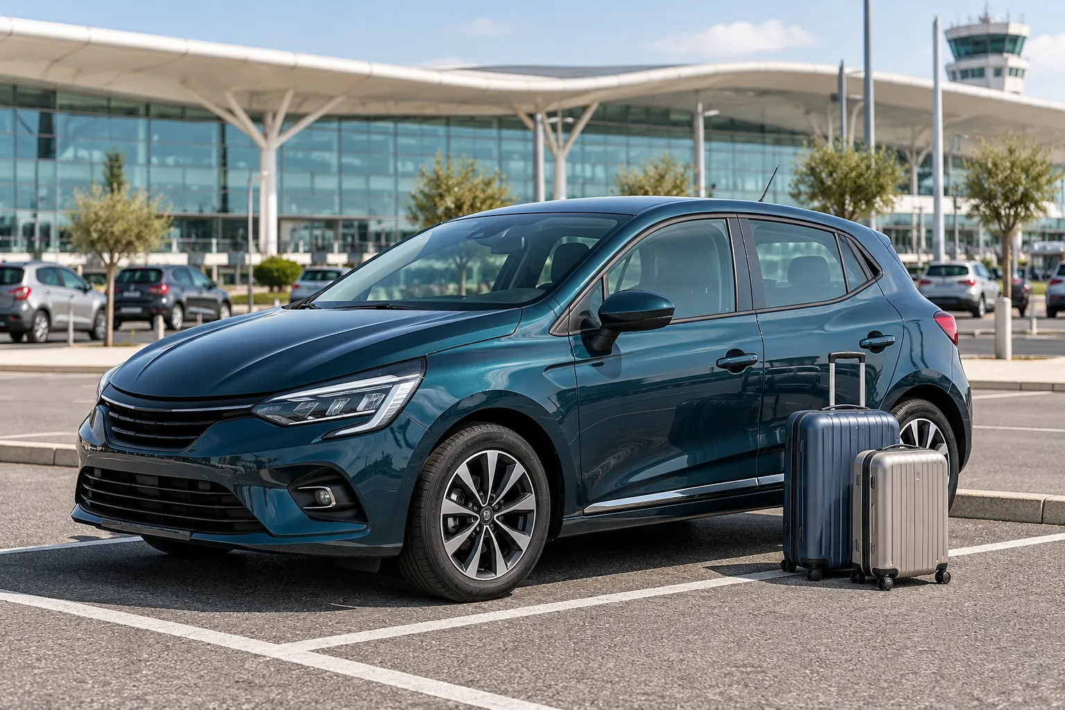AI illustration of a compact car and two suitcases outside a generic airport terminal