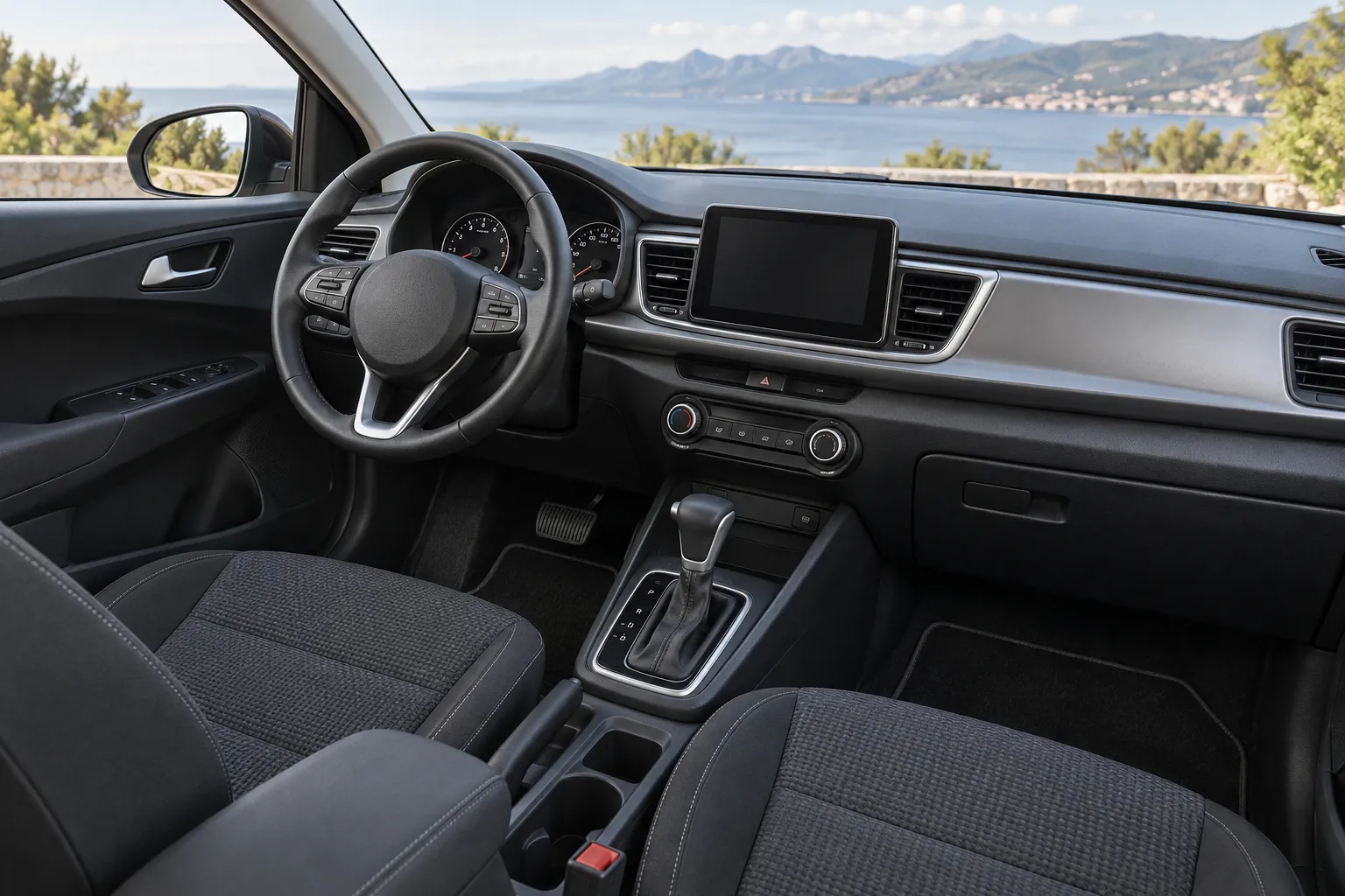 AI illustration of a left-hand-drive compact car interior with an automatic gear selector