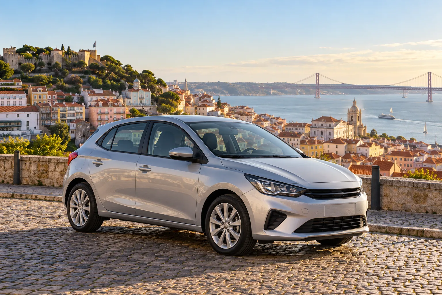 AI illustration of a compact car with Lisbon-inspired rooftops and river views