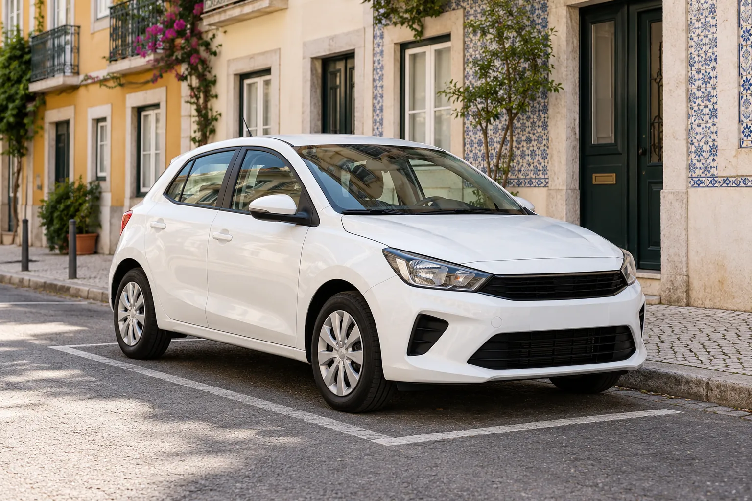 AI illustration of a small white hatchback on a Portuguese-style residential street
